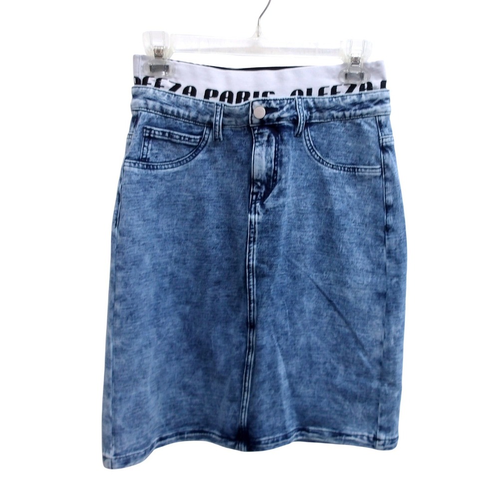 Aleeza Paris Acid Wash Knit Skirt S106 Logo Waistband Blue Medium / #26426